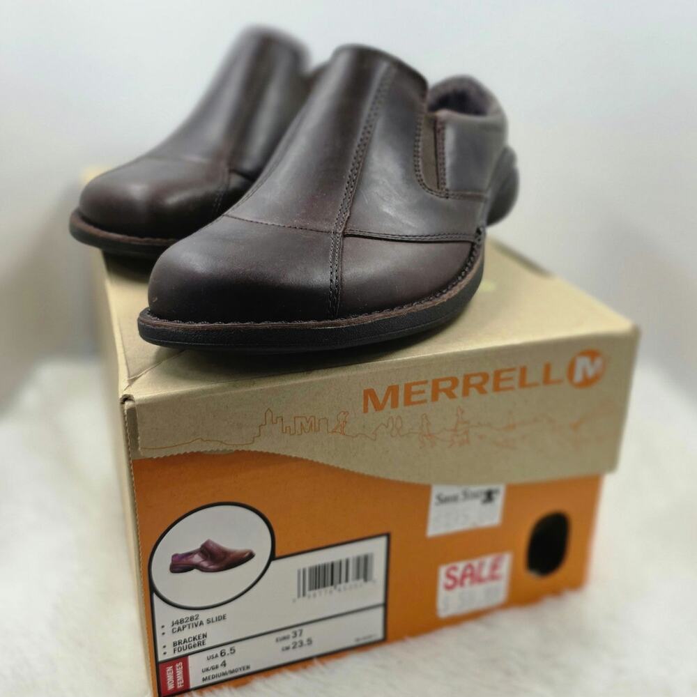 MERRELL Bracken Brown Leather Slip-on Clog Mule Shoes Elastic Gores Woman 6.5